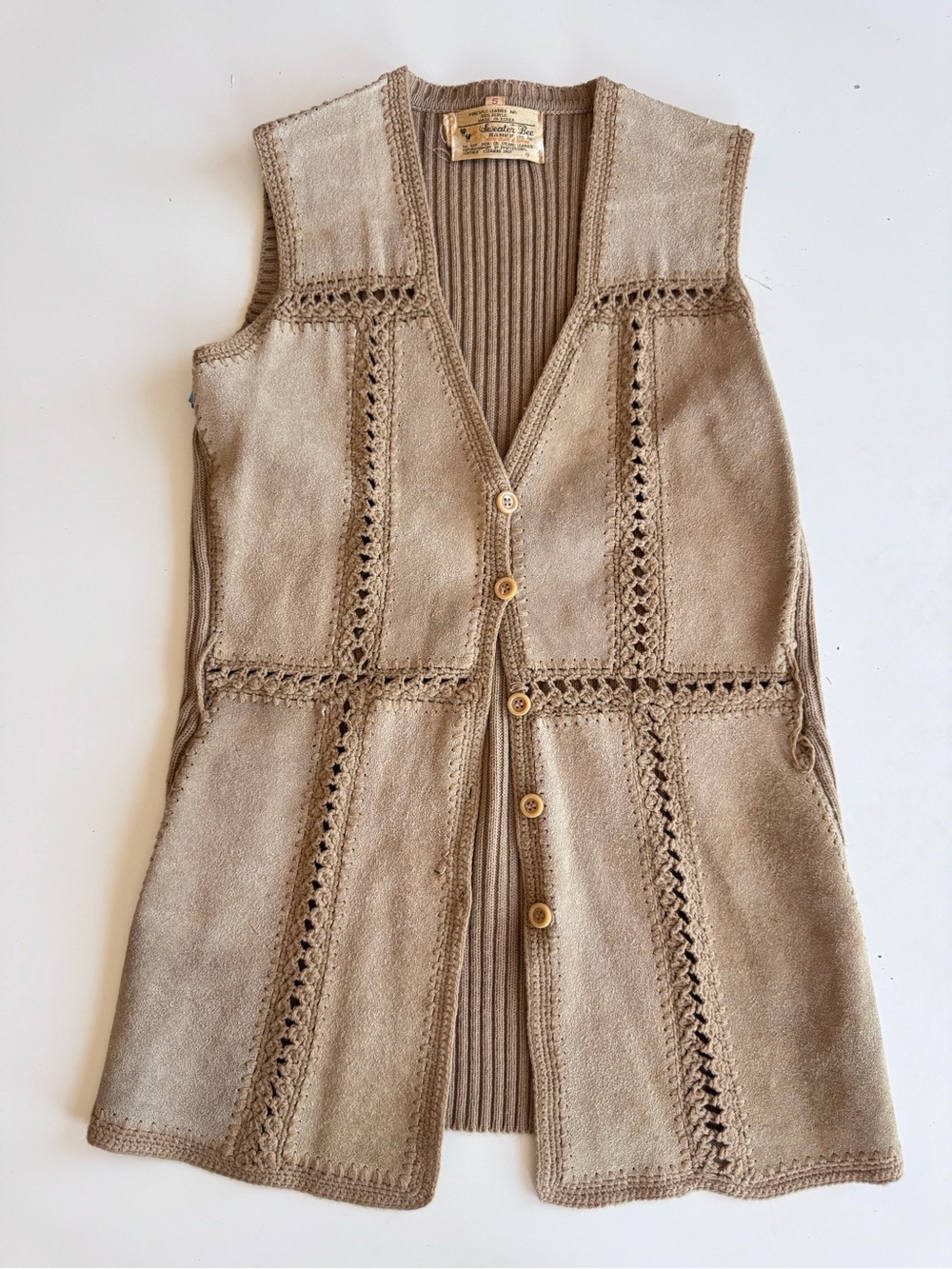Vintage 70s Sweater Bee Banff Ltd Boho Suede Leather Knit Vest Tan Button Front
